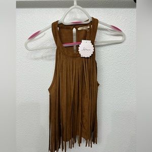 Women’s Soprano Feaux Suede Fringe Halter Top, XS